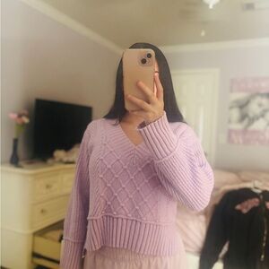 Anthropologie Purple V-Neck Sweater with Textured Knit